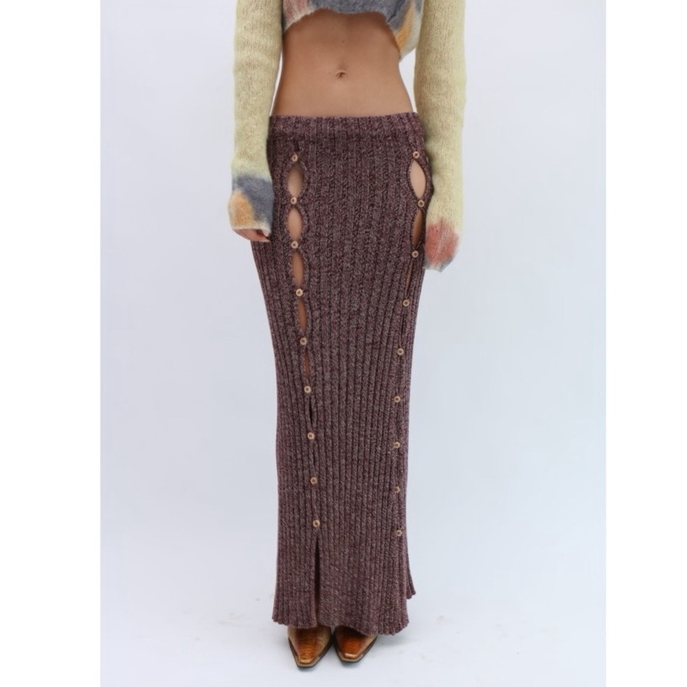 NWT BaseRange Loulou Knit Skirt in Burgundy Melange Heather Button Down Front